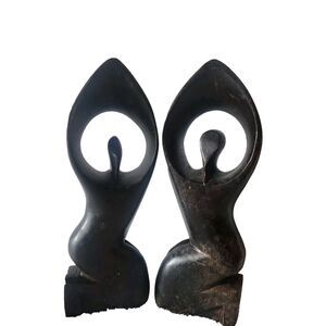 African Angel of Peace Carvings Male Female 3D Kneeling Black Vintage Ethnic GC